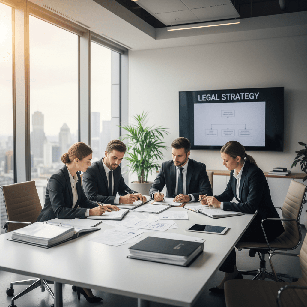 Legal team reviewing patent documents in a bright modern office