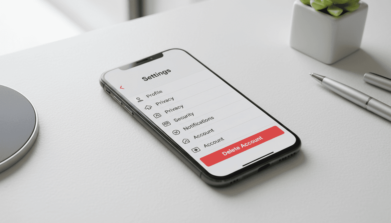 Smartphone showing settings and account deletion option