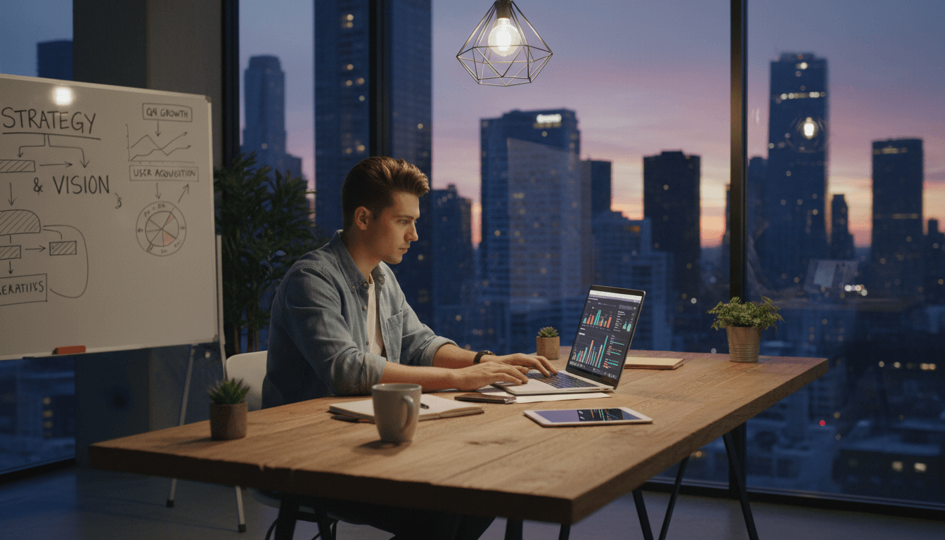 Startup founder working on a laptop with growth charts in a modern workspace