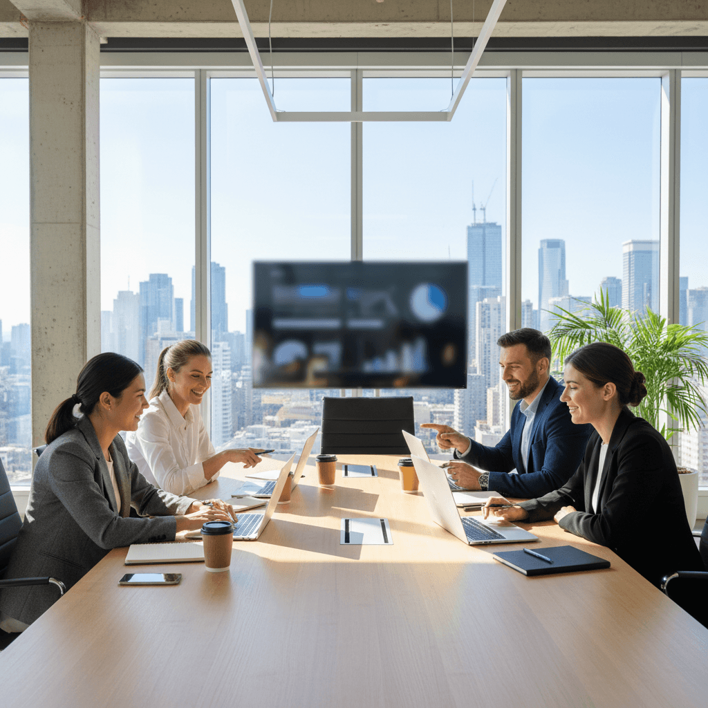 Startup team collaborating around a table with laptops in a modern office