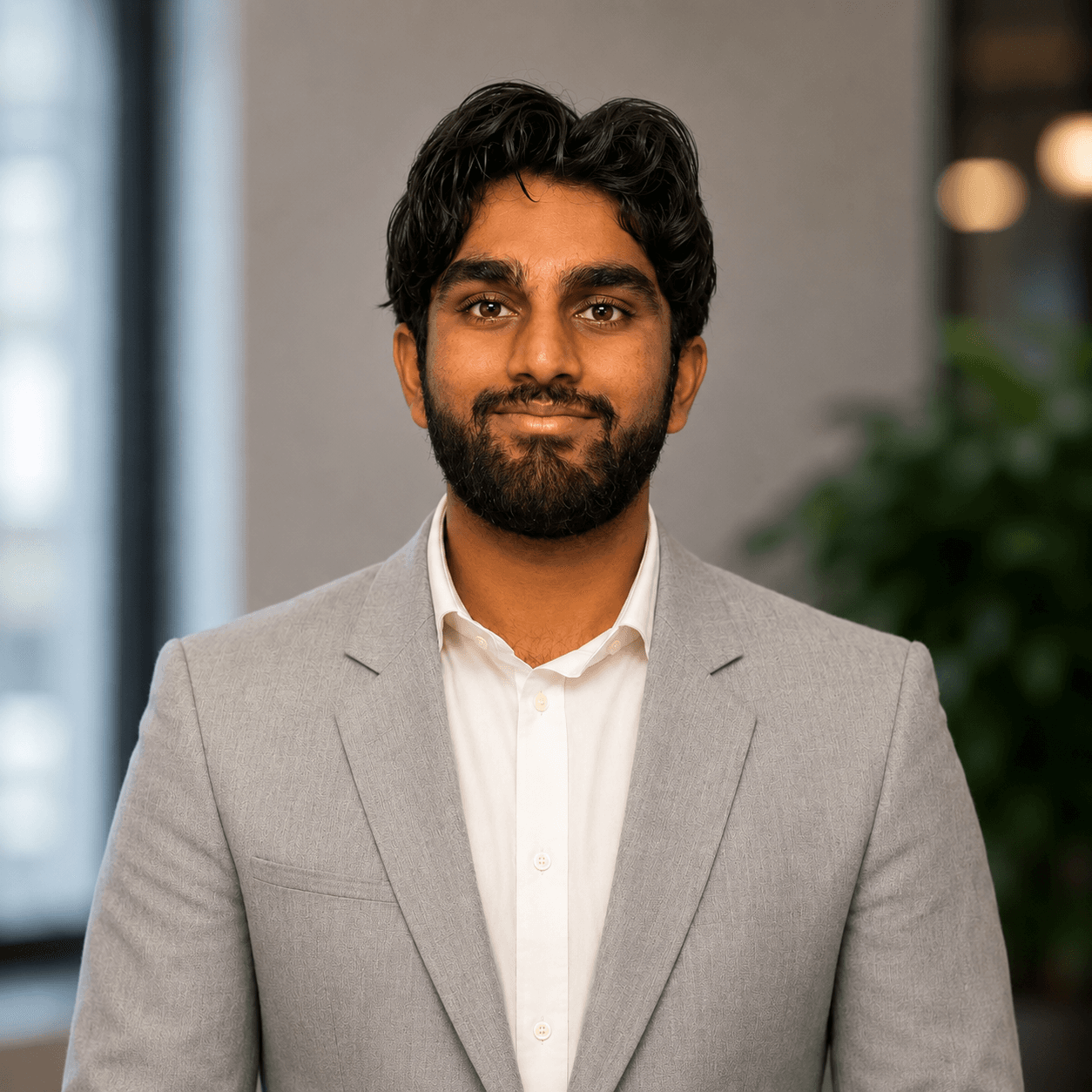 Headshot of a bearded South Asian man in a light gray blazer and white shirt.
