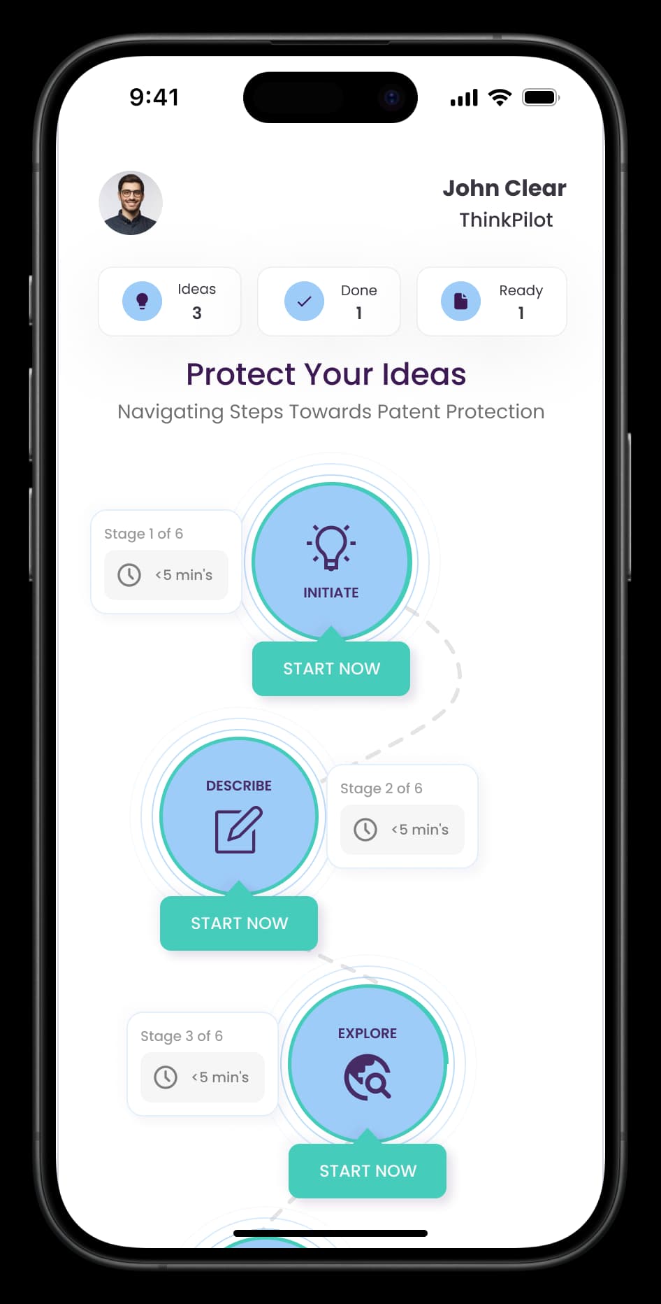 Mobile app interface displaying a multi-stage roadmap for navigating patent protection steps and progress.
